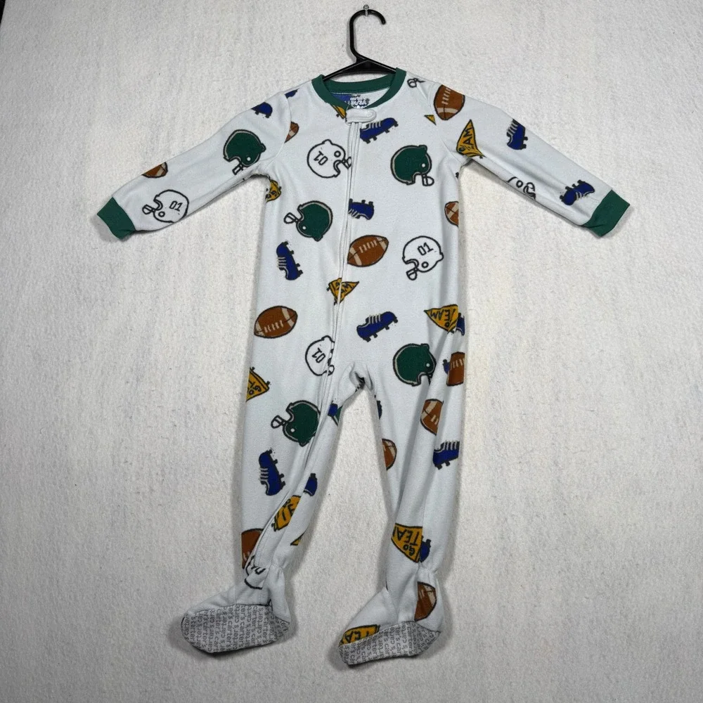 Carters Toddler Boys 3T Fleece Footed Pajamas Sports Football Helmet White Green